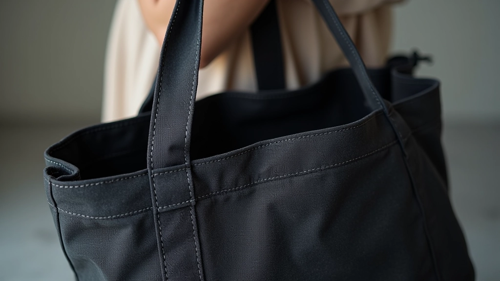 Close-up of charcoal tote bag handles and stitching