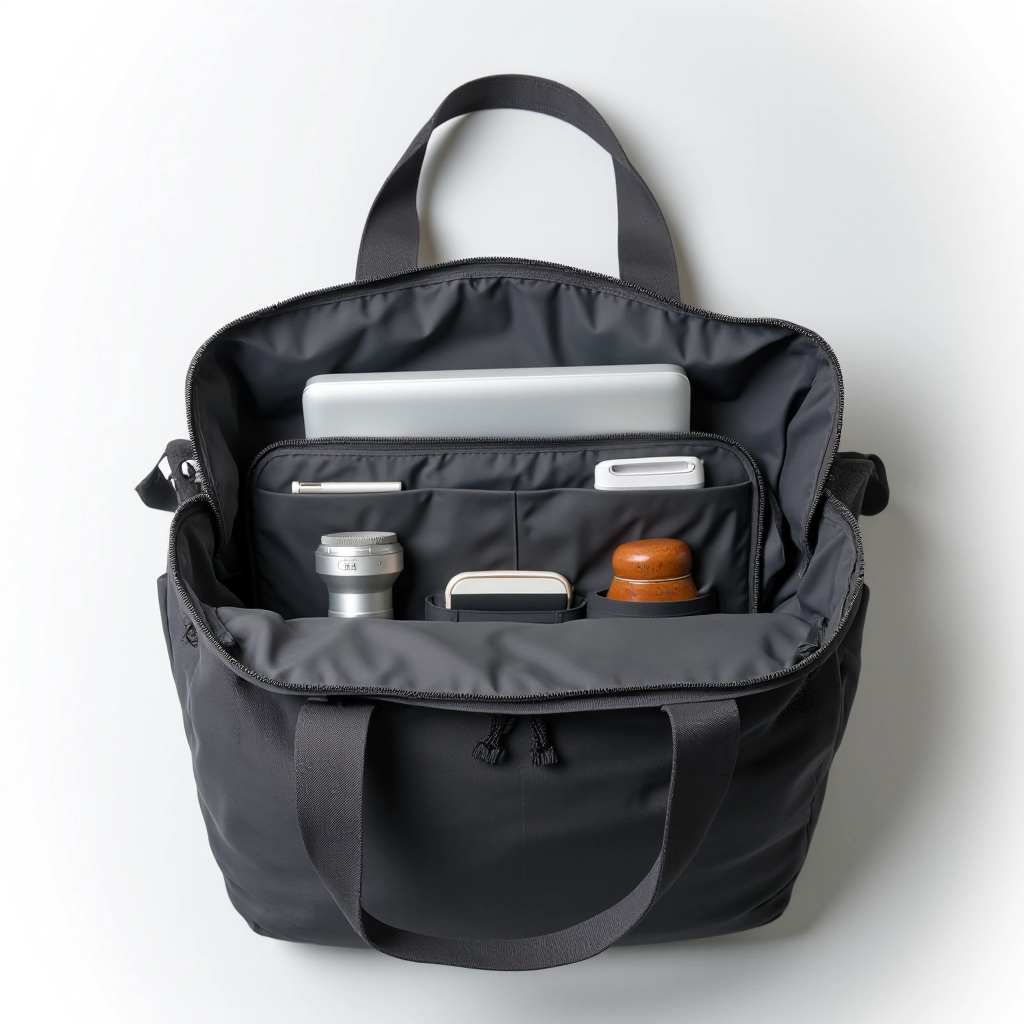 Detailed flat-lay photography of Urban Commute Tote showing all compartments organized with various items including laptop, documents, and daily essentials
