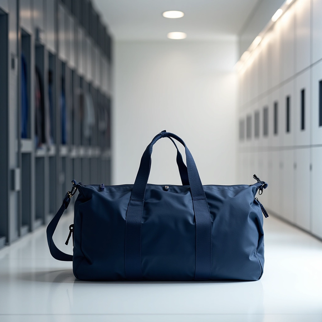 Lifestyle shot of navy duffel bag positioned in modern gym locker room with workout gear visible, showing practical everyday use in athletic environment