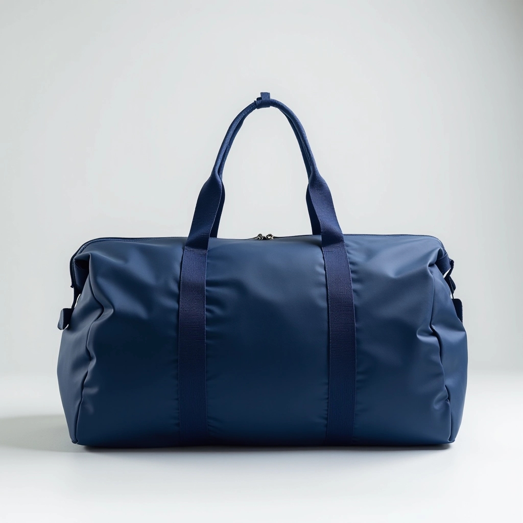 Navy blue Weekender Gym Duffel displayed from front angle, showing dual handles, adjustable shoulder strap, and wet-dry compartment design on clean light background