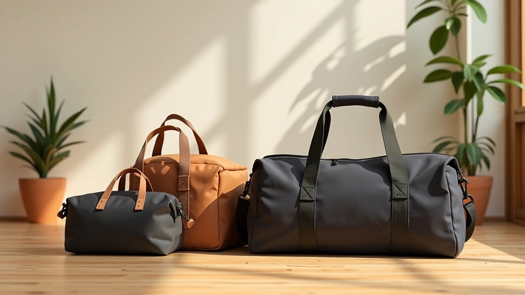 Collection of durable tote bags and gym duffels in neutral colors